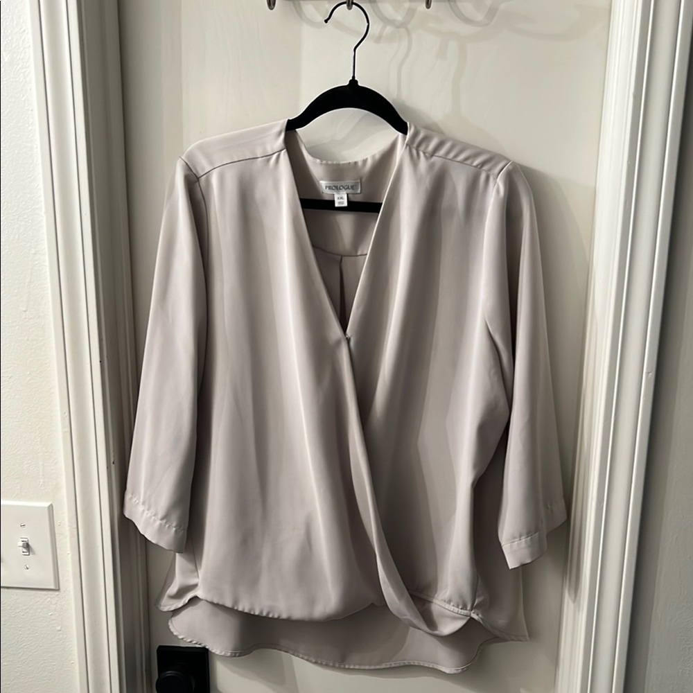 Prologue Gray Wrap Blouse with Mandarin Collar and 3/4 Sleeves